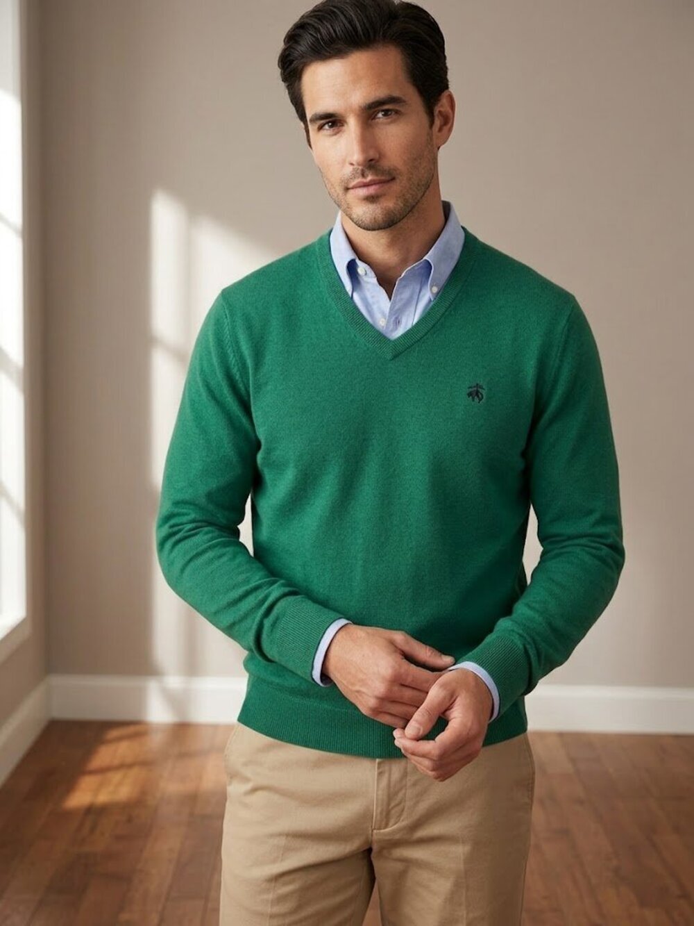 Brooks Brothers Men's V-Neck Sweater in Green. Navy Logo Size XXL Merino Wool